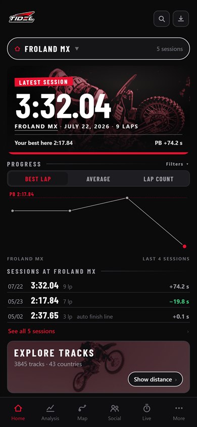 The Tidel app showing a session at Froland MX