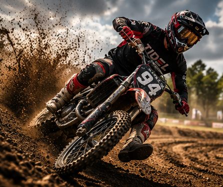 Rider on the throttle out of a berm