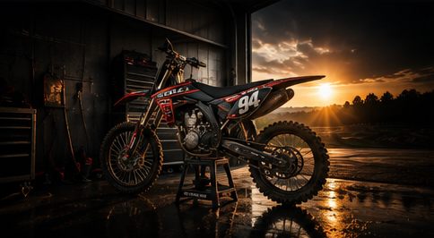 Bike parked in a workshop at sunset